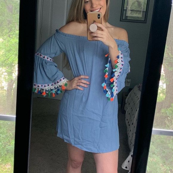 ASOS Blue Off Shoulder Dress w/Rainbow Tassels - Picture 2 of 8
